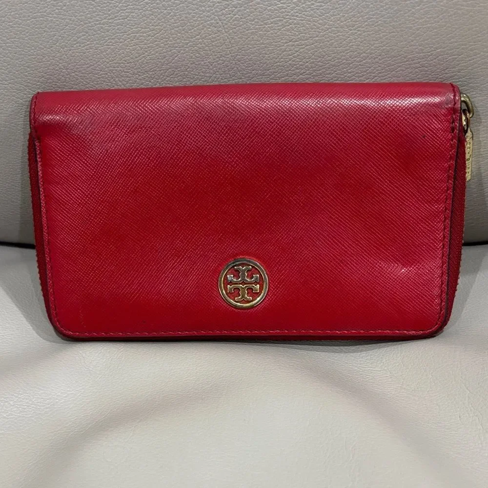 Tory Burch Cherry Red Saffiano Wallet with Gold Logo